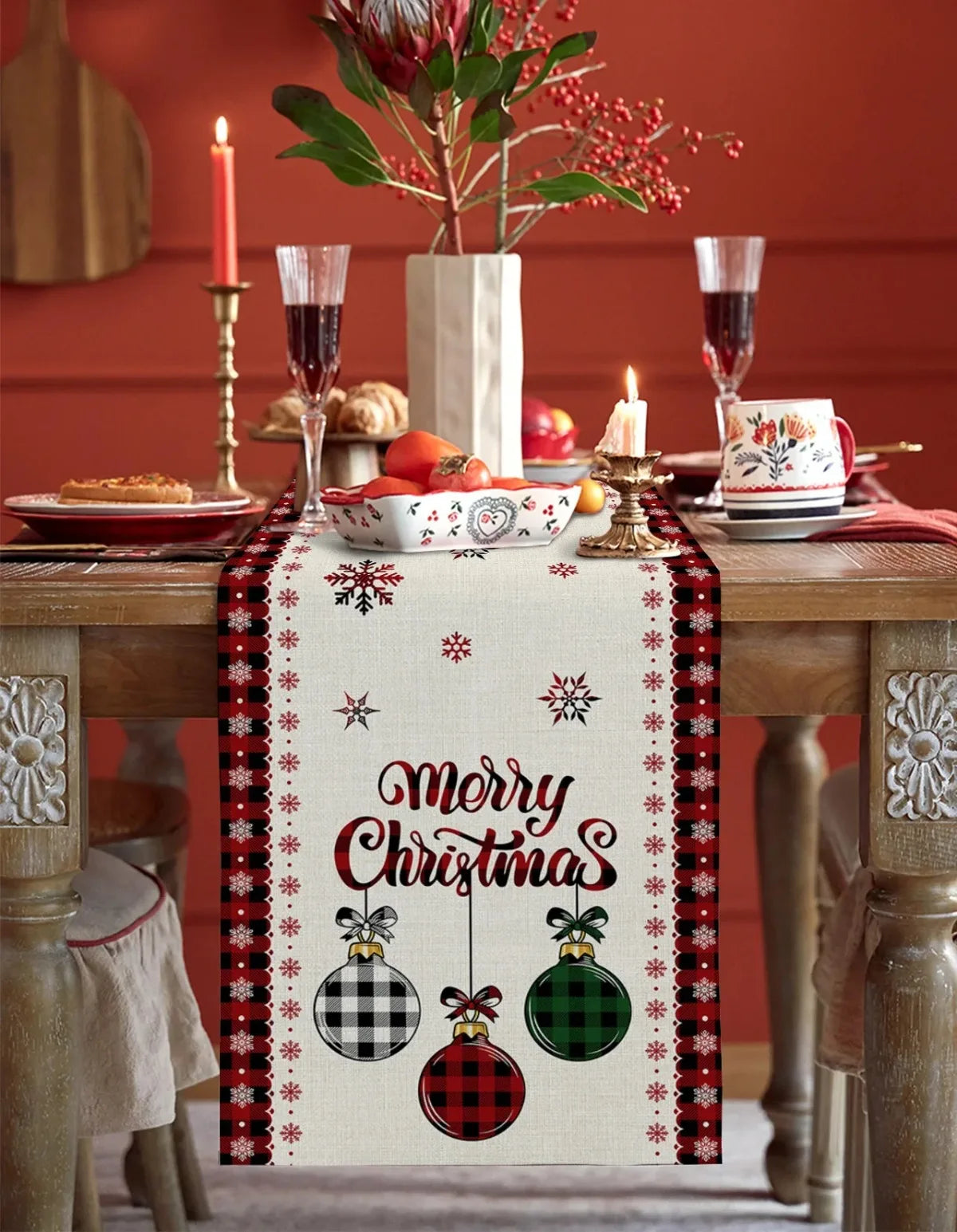 Merry Christmas Red Pine Tree Linen Table Runner – Winter Holiday Party Decor