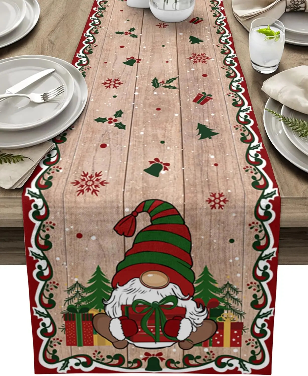 Christmas Tree Gnome Table Runner – Golden Snowflake Linen Winter Party Decor