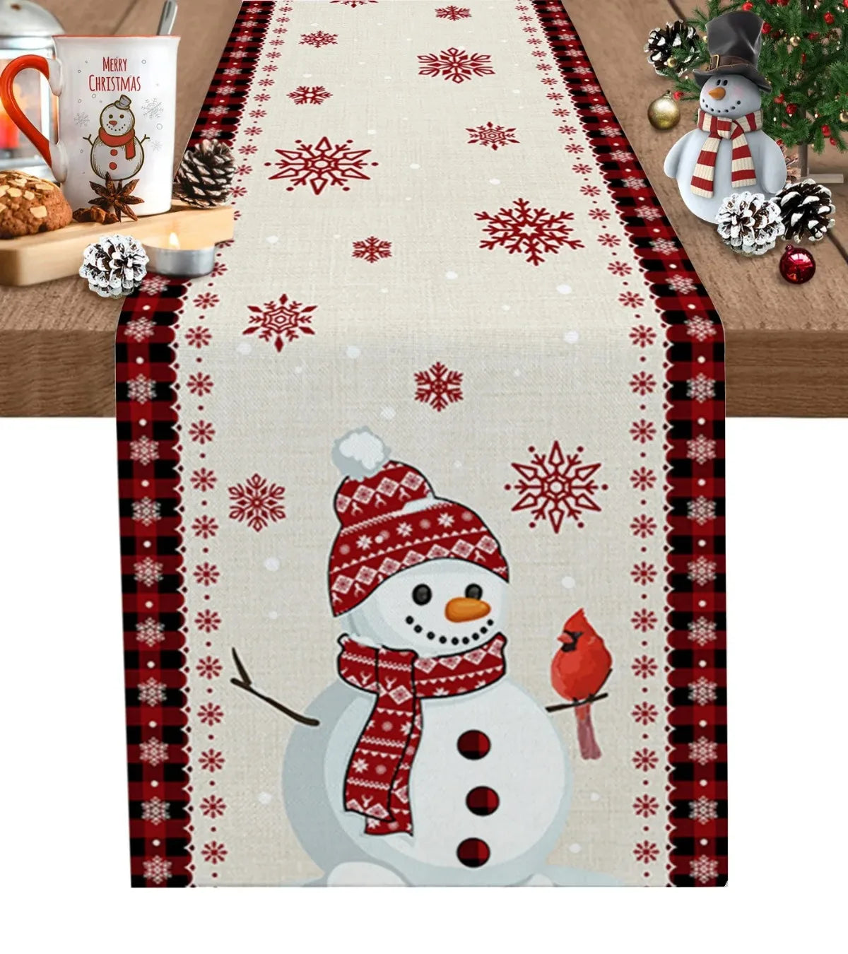 Merry Christmas Red Pine Tree Linen Table Runner – Winter Holiday Party Decor