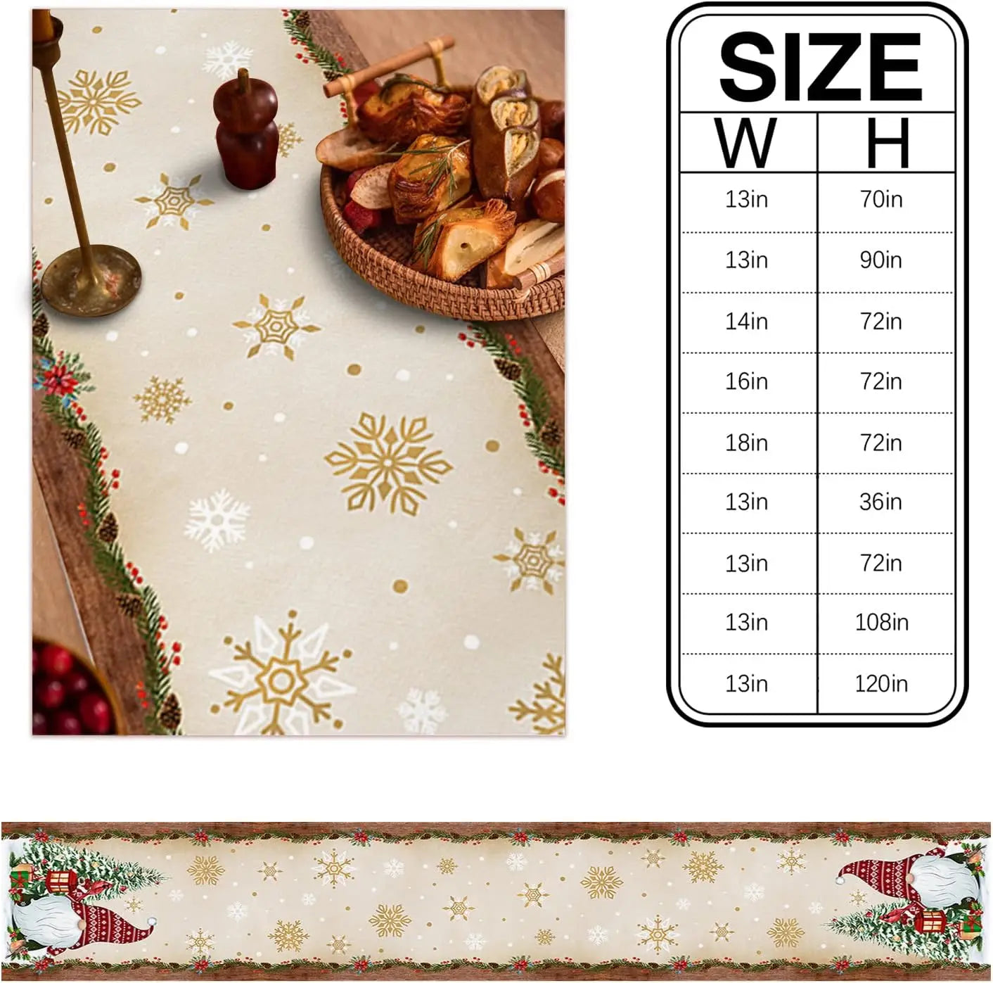 Christmas Tree Gnome Table Runner – Golden Snowflake Linen Winter Party Decor