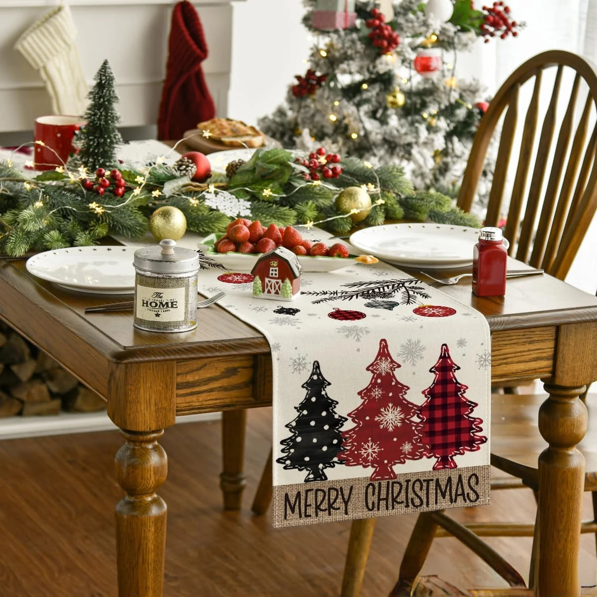 Merry Christmas Red Pine Tree Linen Table Runner – Winter Holiday Party Decor