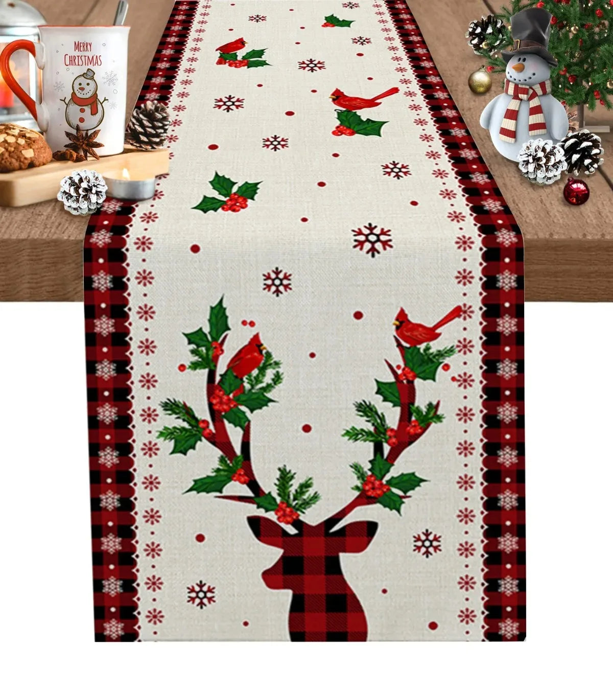 Merry Christmas Red Pine Tree Linen Table Runner – Winter Holiday Party Decor