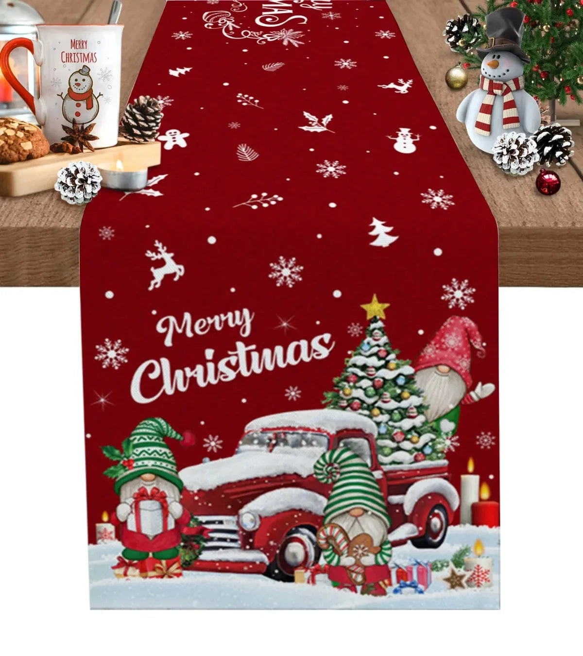 Merry Christmas Red Pine Tree Linen Table Runner – Winter Holiday Party Decor