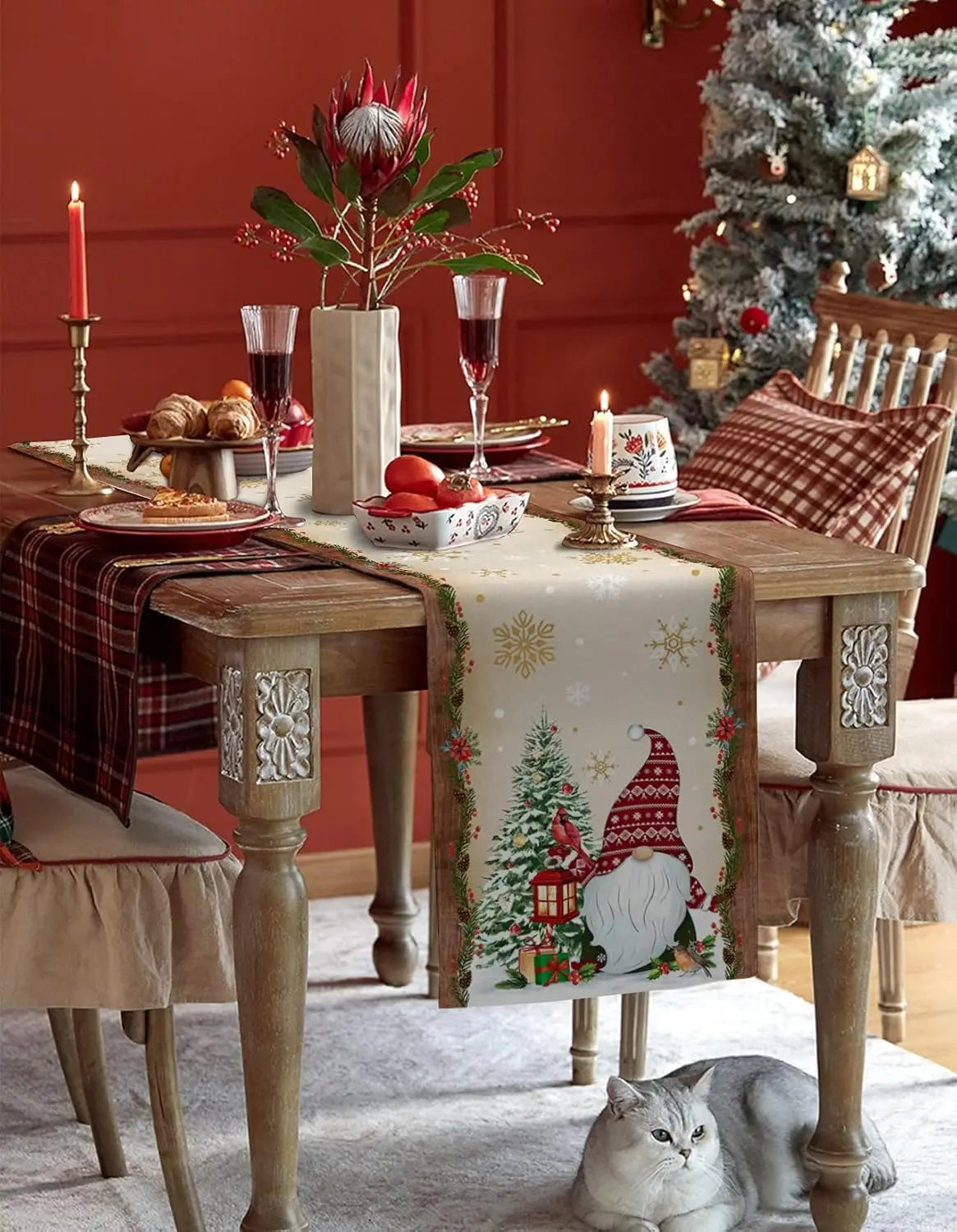 Christmas Tree Gnome Table Runner – Golden Snowflake Linen Winter Party Decor