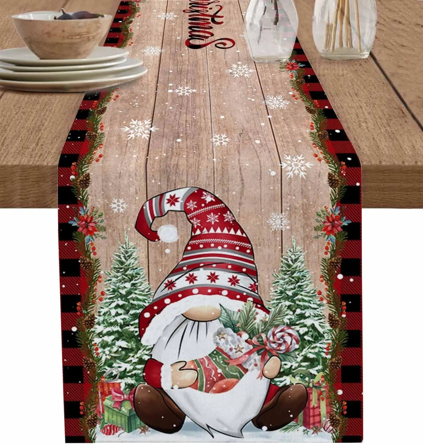 Christmas Tree Gnome Table Runner – Golden Snowflake Linen Winter Party Decor