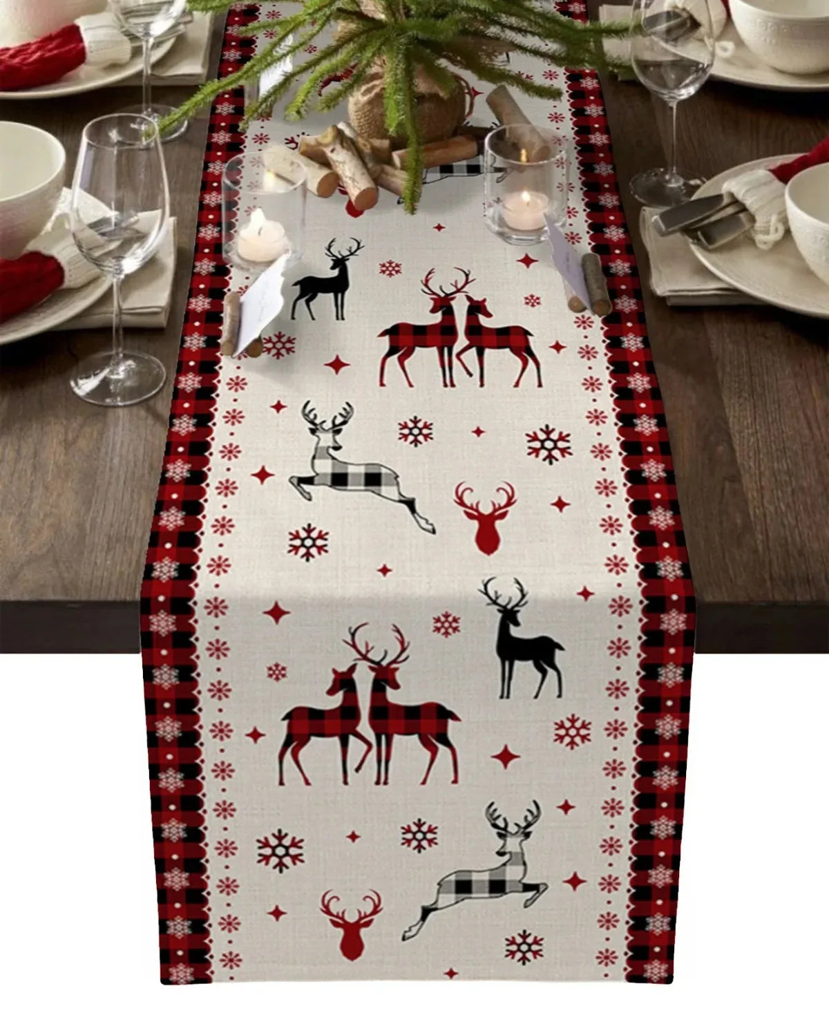 Merry Christmas Red Pine Tree Linen Table Runner – Winter Holiday Party Decor