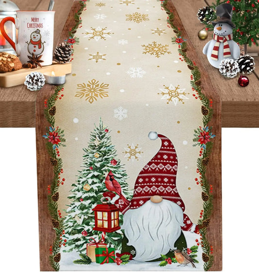 Christmas Tree Gnome Table Runner – Golden Snowflake Linen Winter Party Decor