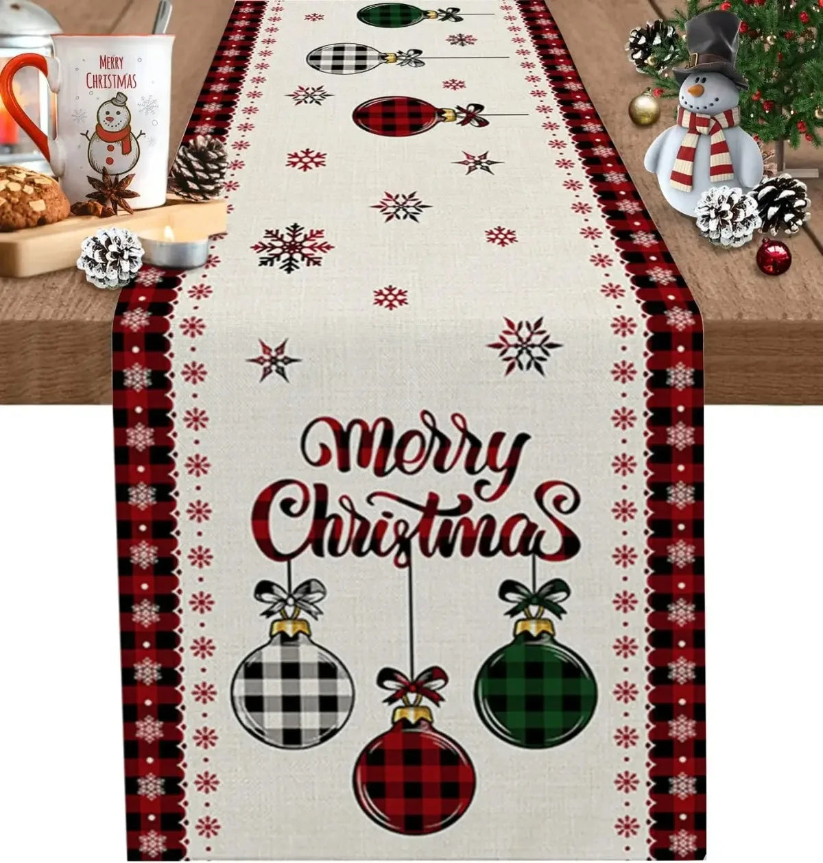 Merry Christmas Red Pine Tree Linen Table Runner – Winter Holiday Party Decor