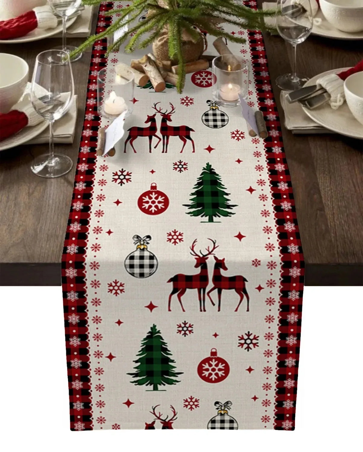 Merry Christmas Red Pine Tree Linen Table Runner – Winter Holiday Party Decor