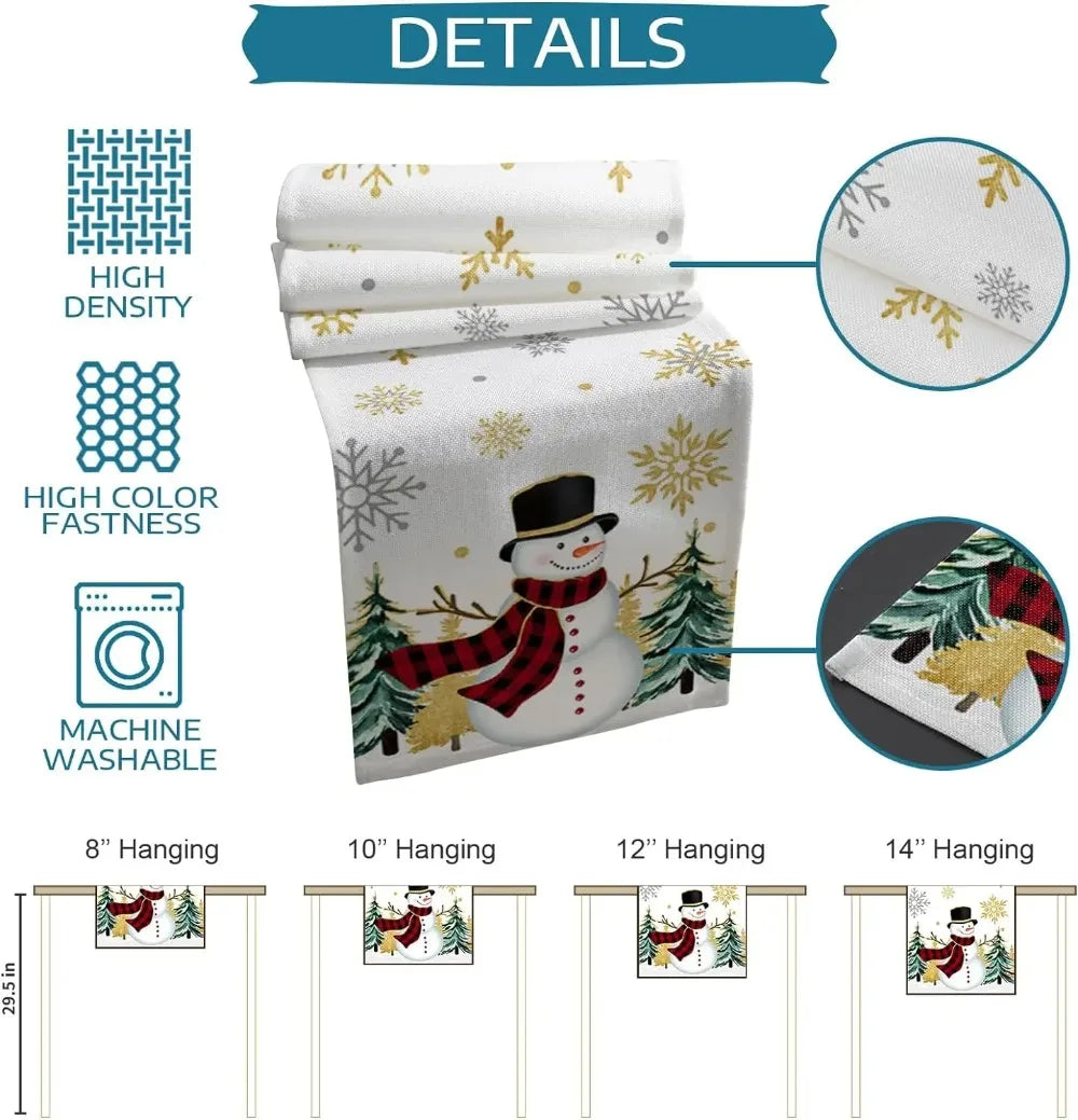 Christmas Snowman & Pine Tree Linen Table Runner – Festive Farmhouse Decor