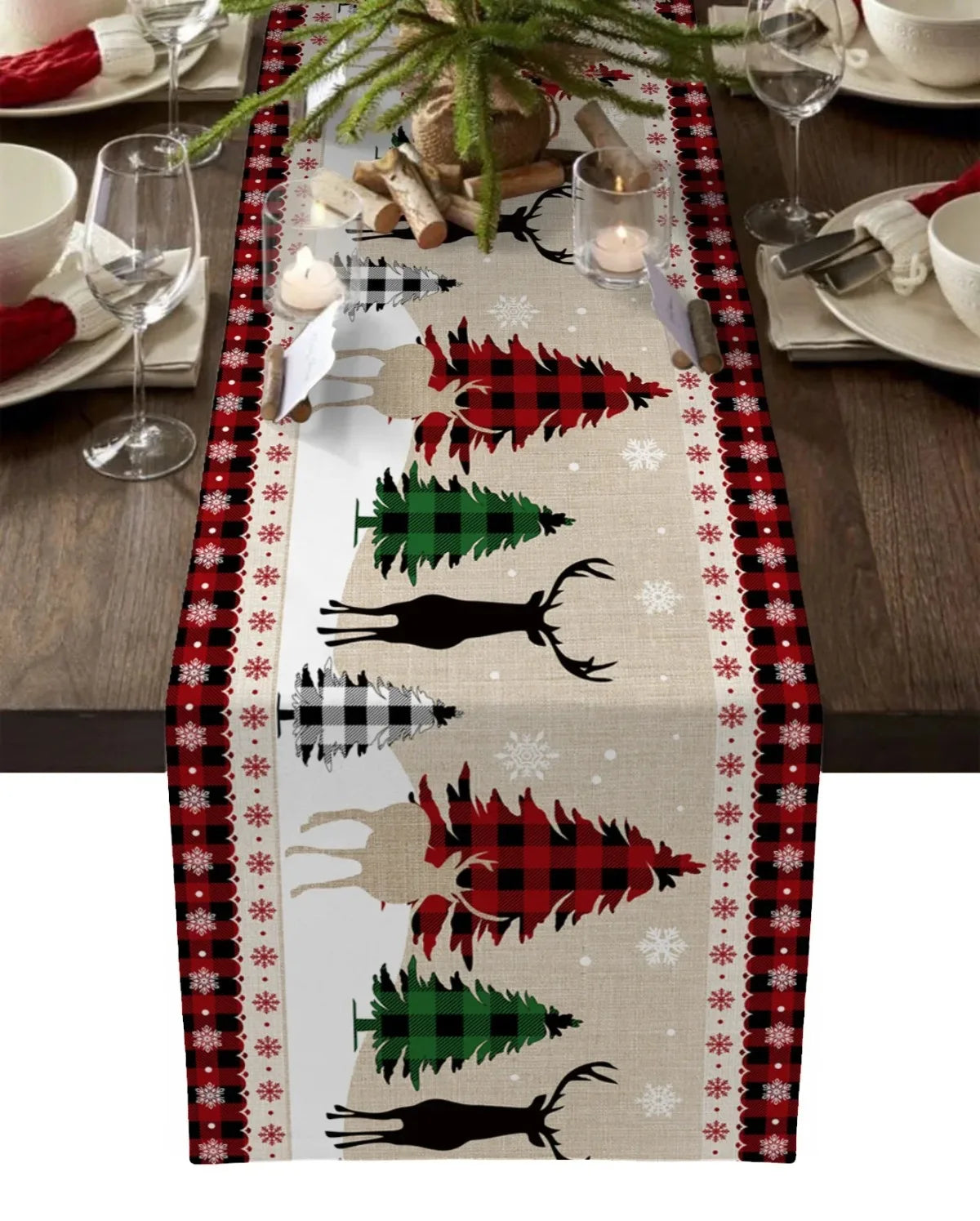 Merry Christmas Red Pine Tree Linen Table Runner – Winter Holiday Party Decor