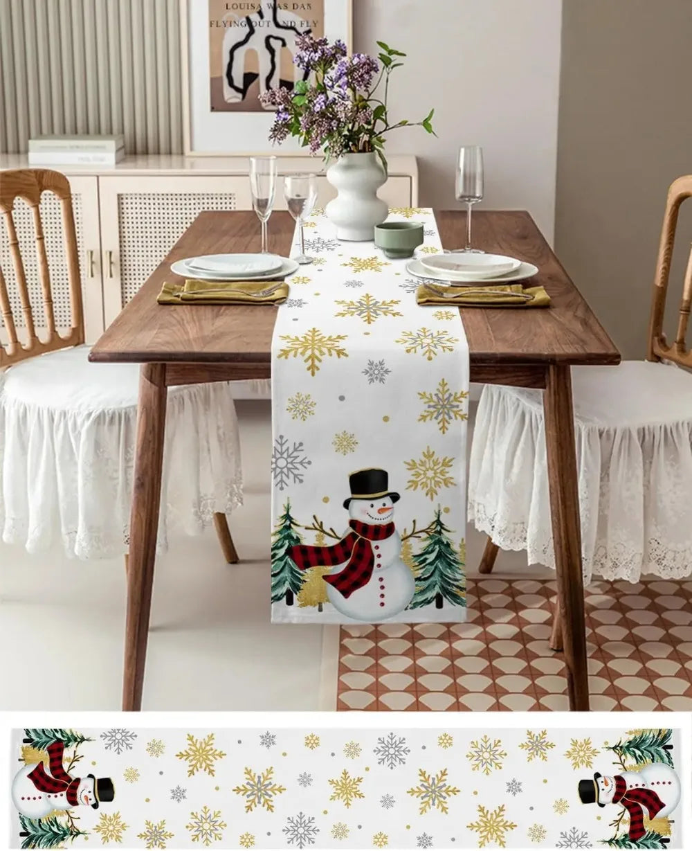 Christmas Snowman & Pine Tree Linen Table Runner – Festive Farmhouse Decor