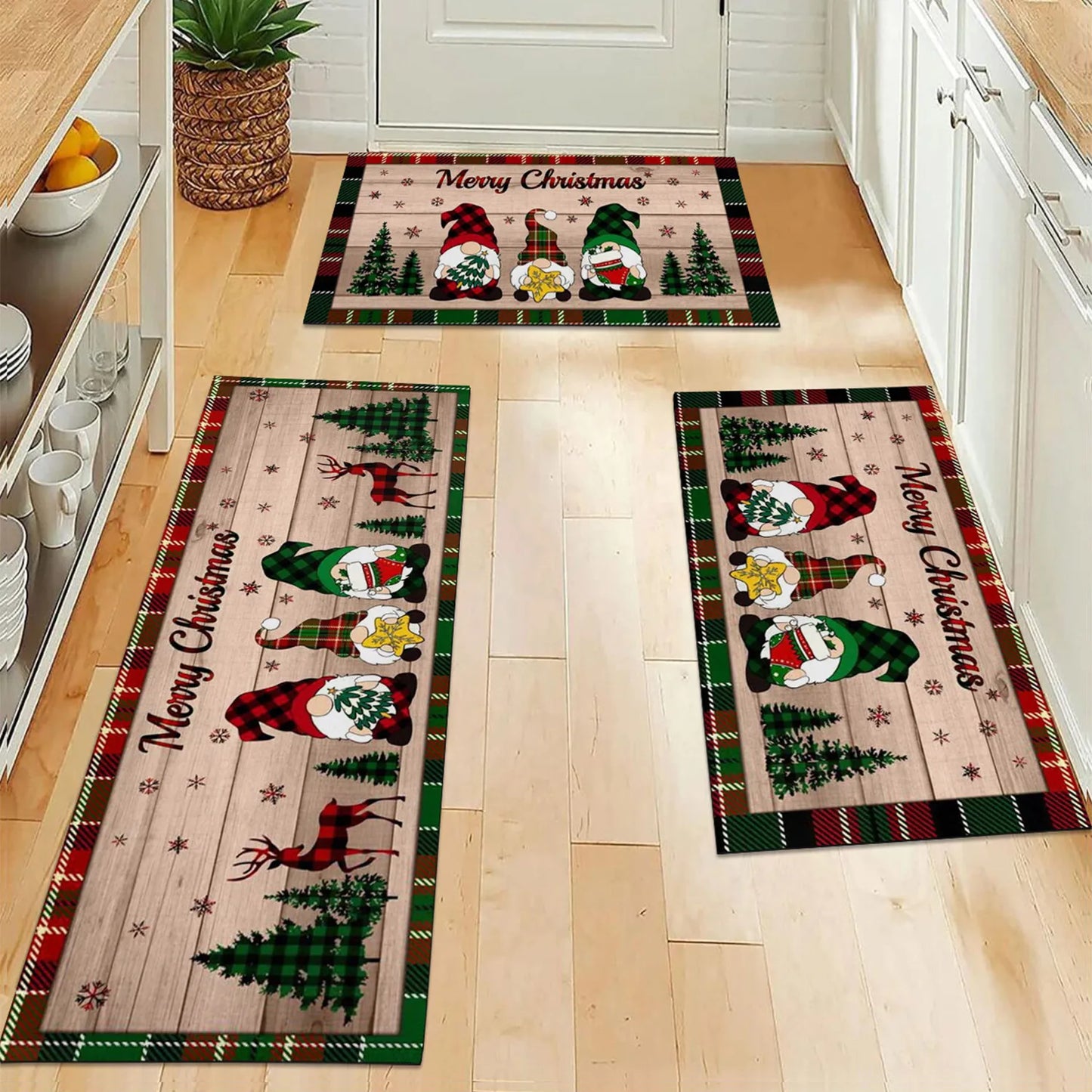 Merry Christmas Gnome Xmas Tree Non-Slip Floor Mat – Kitchen, Living Room, Bathroom, Balcony, and Entrance Rug