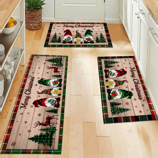 Merry Christmas Gnome Xmas Tree Non-Slip Floor Mat – Kitchen, Living Room, Bathroom, Balcony, and Entrance Rug