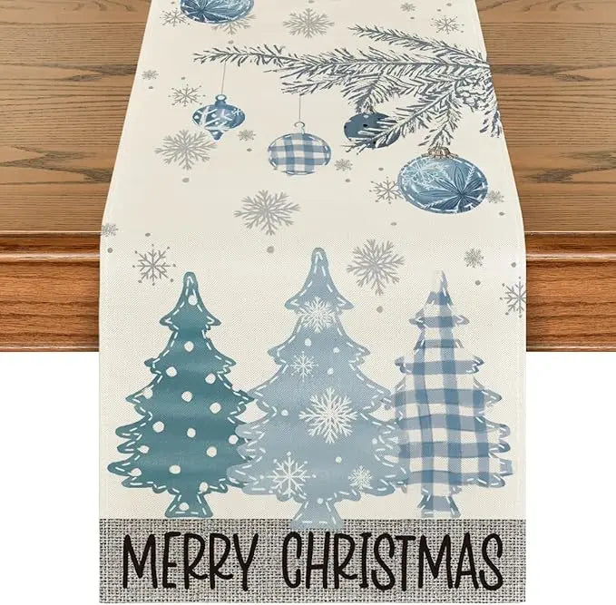 Merry Christmas Red Pine Tree Linen Table Runner – Winter Holiday Party Decor