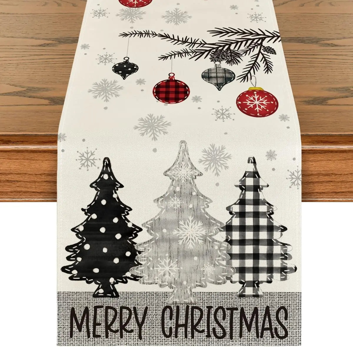 Merry Christmas Red Pine Tree Linen Table Runner – Winter Holiday Party Decor