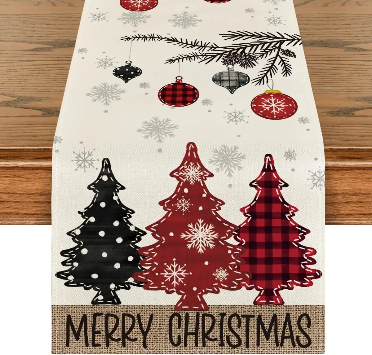 Merry Christmas Red Pine Tree Linen Table Runner – Winter Holiday Party Decor