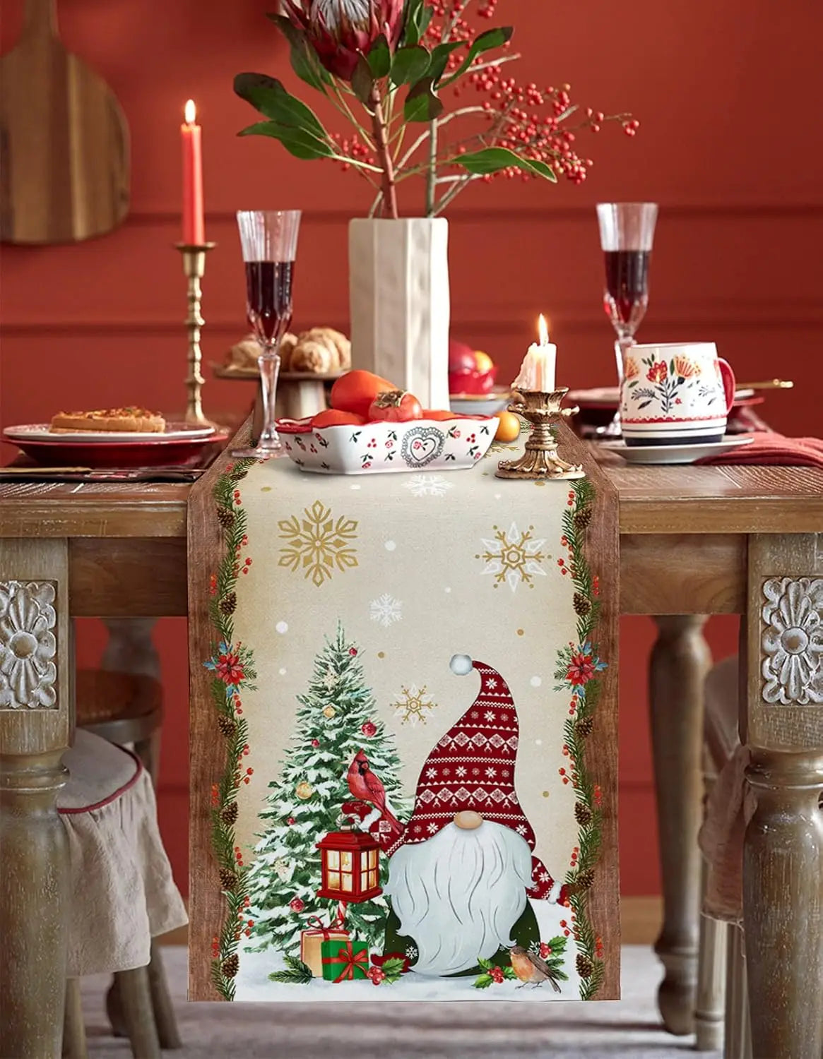 Christmas Tree Gnome Table Runner – Golden Snowflake Linen Winter Party Decor