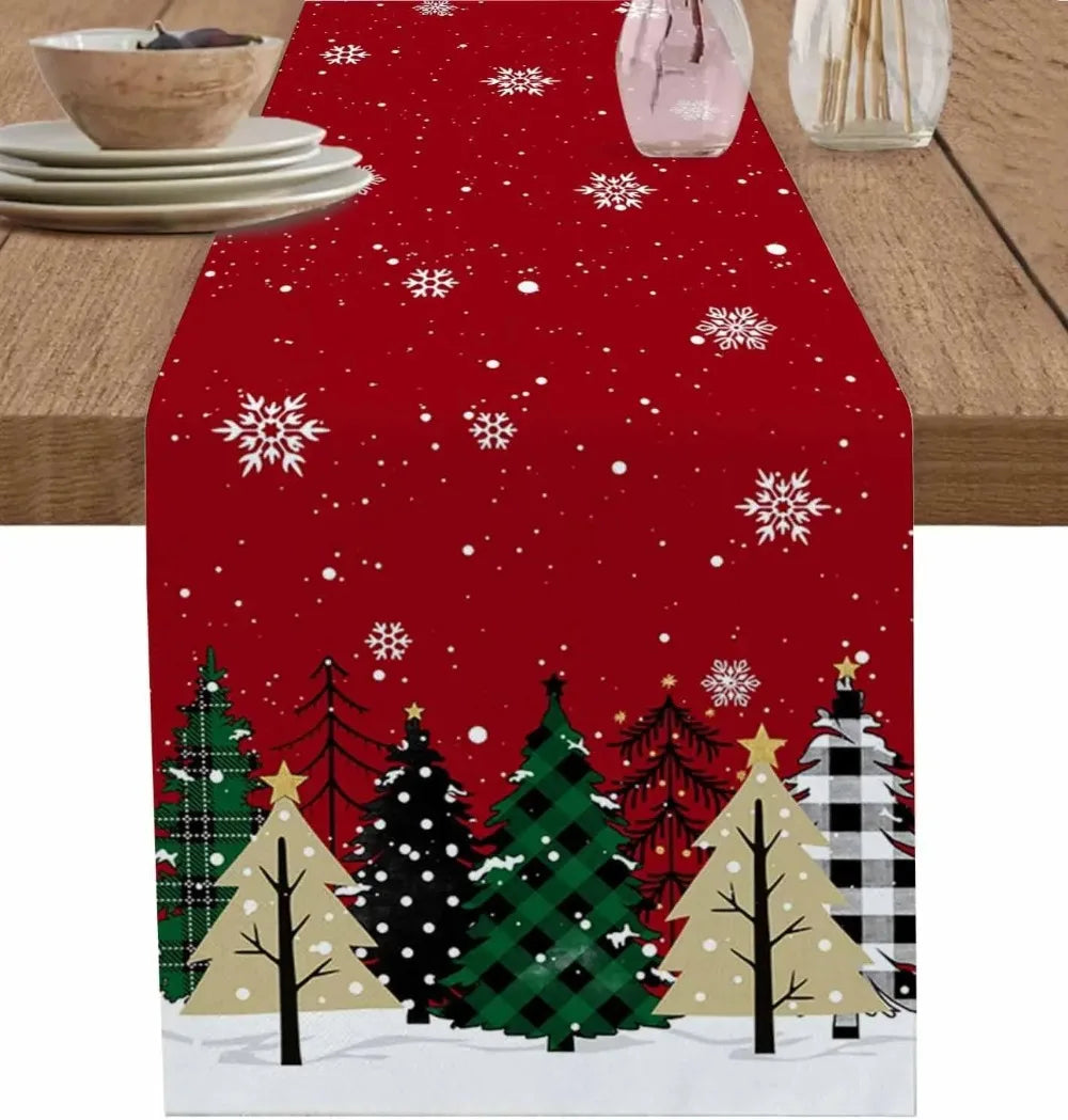 Christmas Snowman & Pine Tree Linen Table Runner – Festive Farmhouse Decor