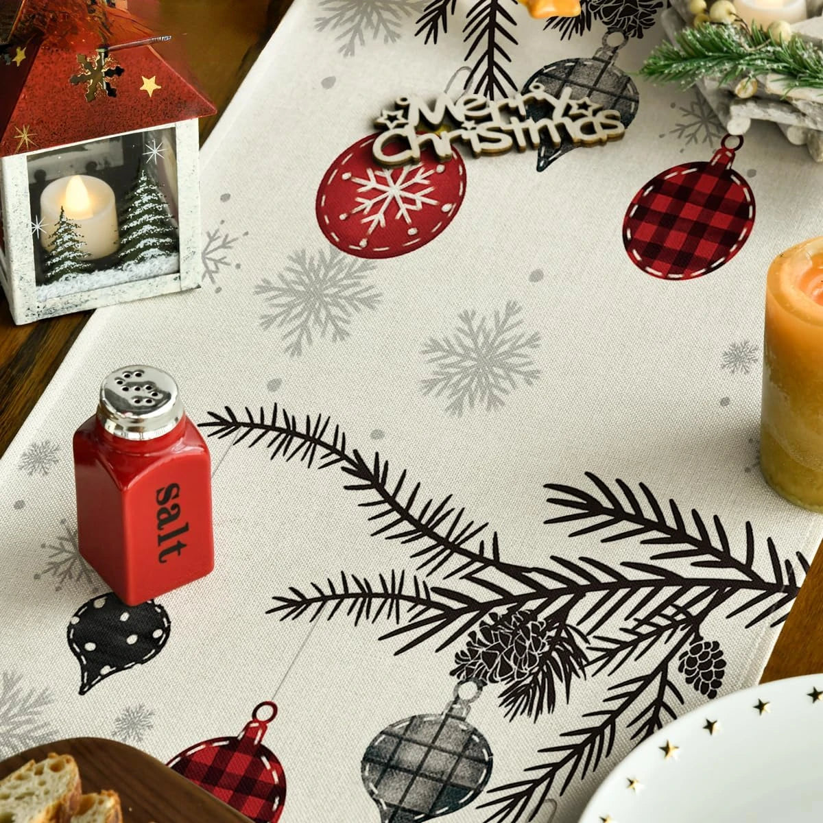 Merry Christmas Red Pine Tree Linen Table Runner – Winter Holiday Party Decor