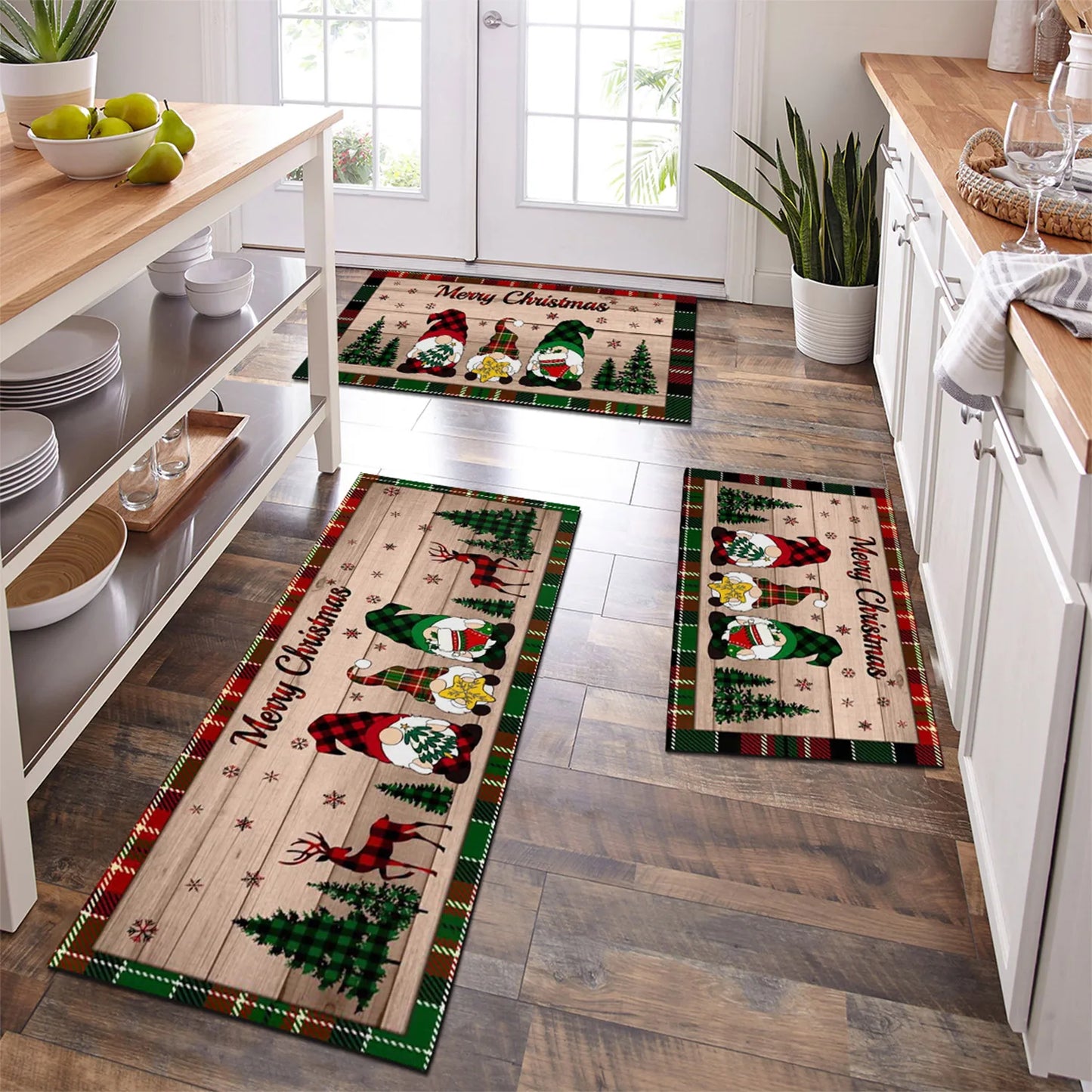 Merry Christmas Gnome Xmas Tree Non-Slip Floor Mat – Kitchen, Living Room, Bathroom, Balcony, and Entrance Rug