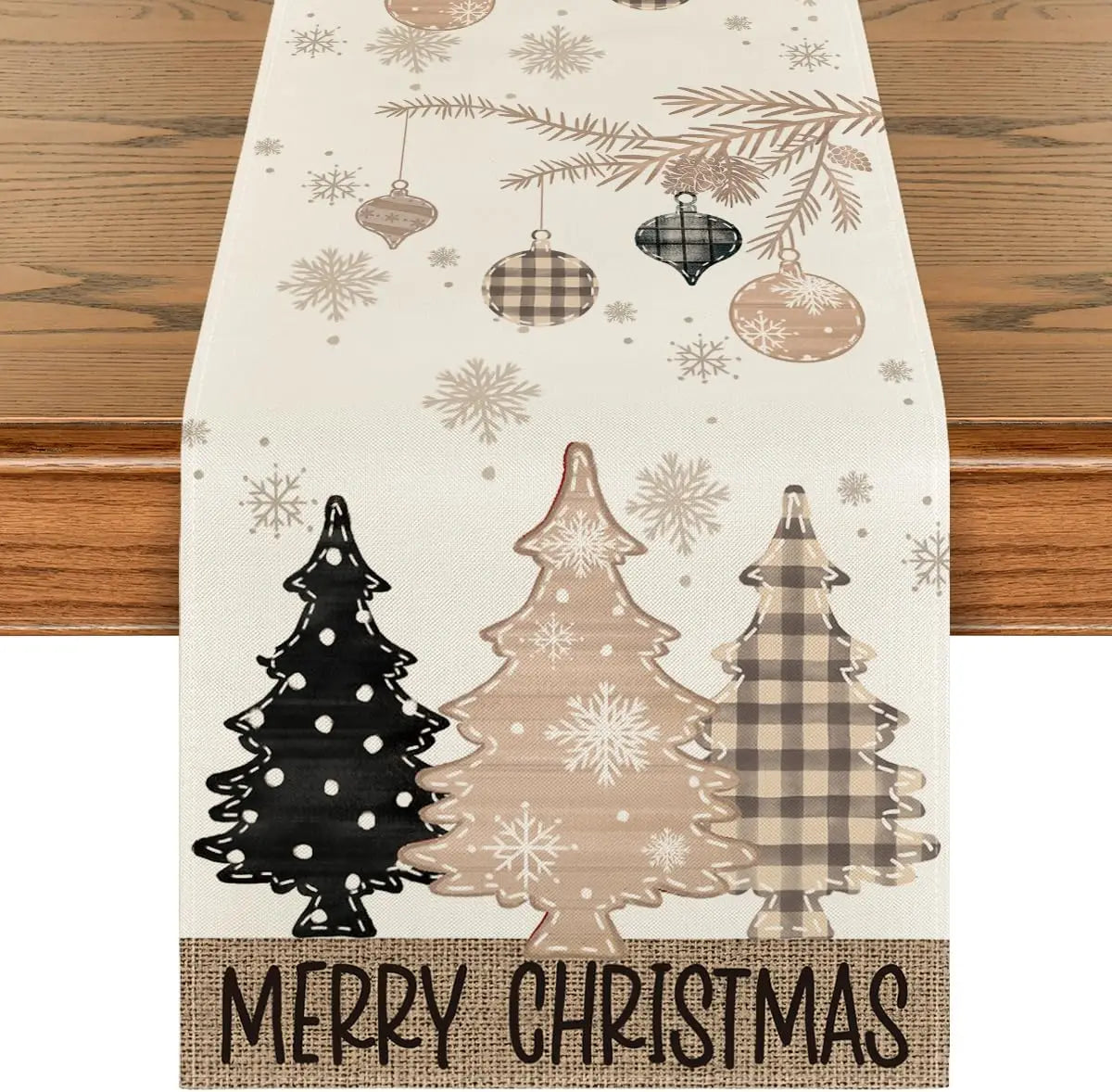 Merry Christmas Red Pine Tree Linen Table Runner – Winter Holiday Party Decor