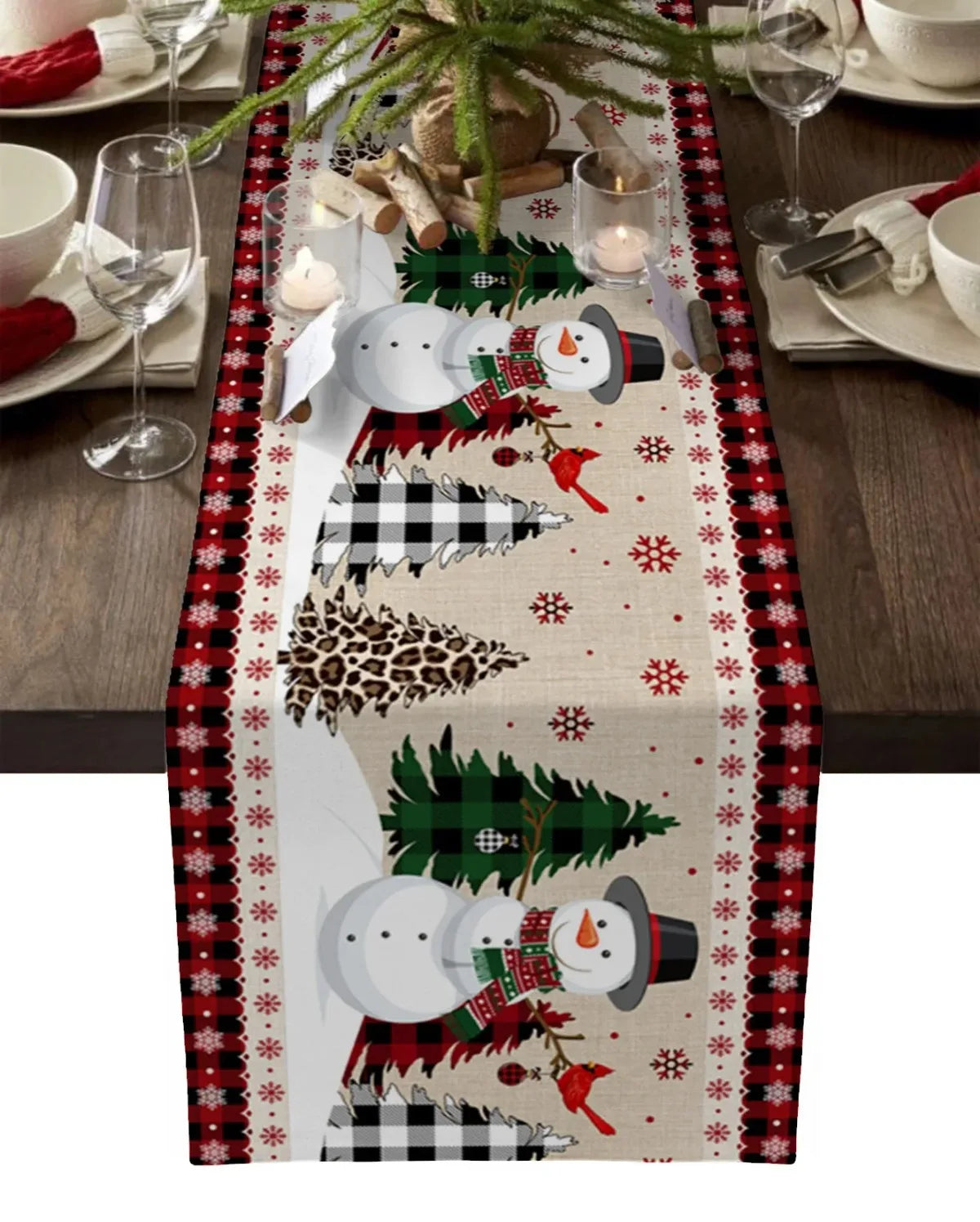 Merry Christmas Red Pine Tree Linen Table Runner – Winter Holiday Party Decor