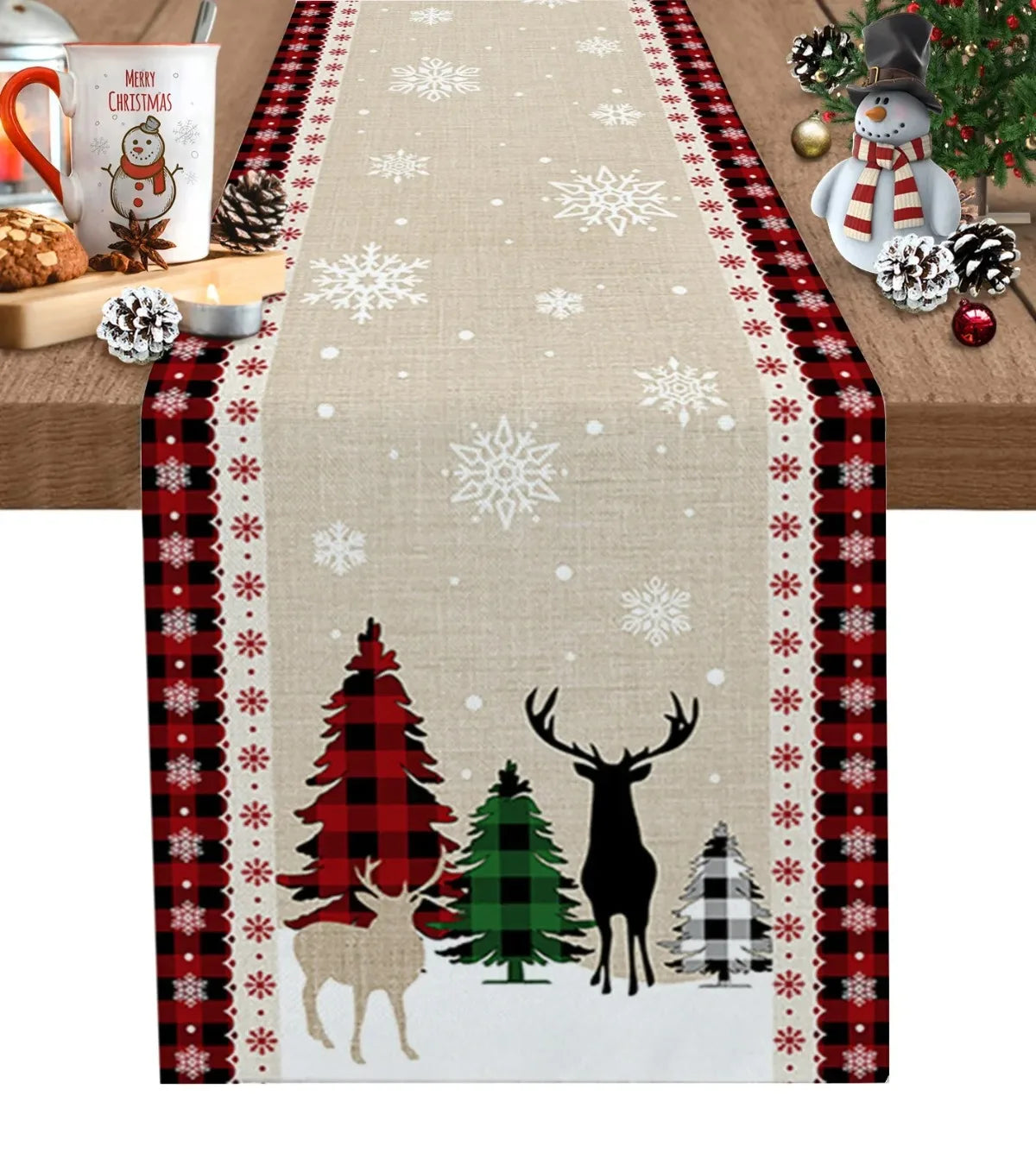 Merry Christmas Red Pine Tree Linen Table Runner – Winter Holiday Party Decor