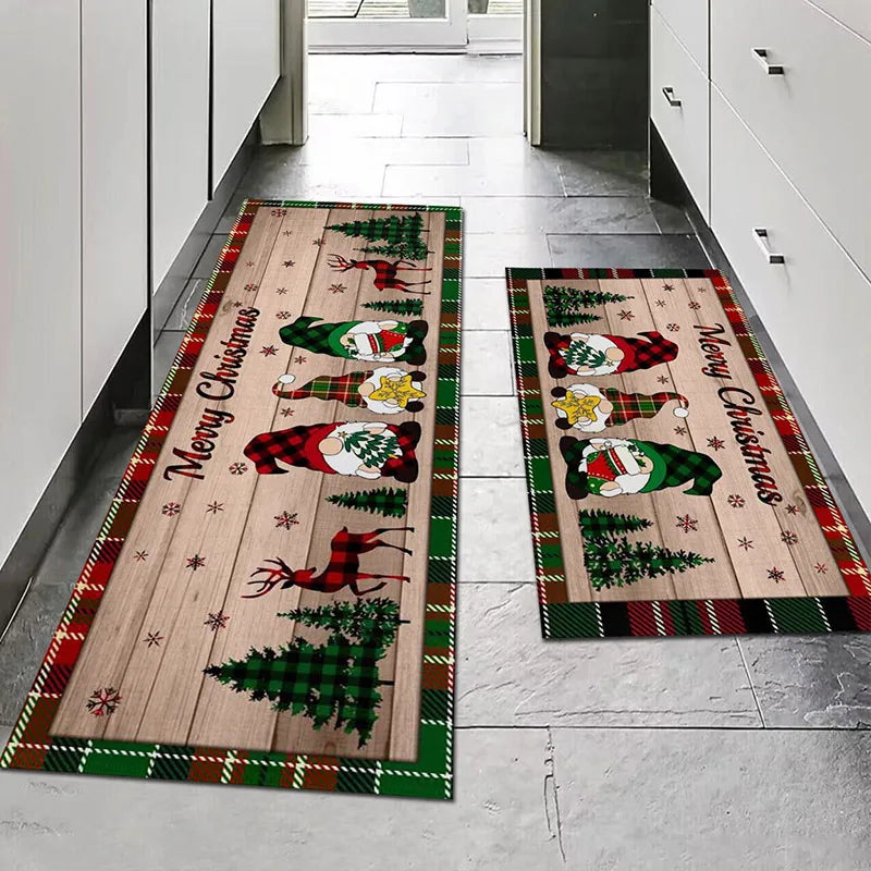 Merry Christmas Gnome Xmas Tree Non-Slip Floor Mat – Kitchen, Living Room, Bathroom, Balcony, and Entrance Rug