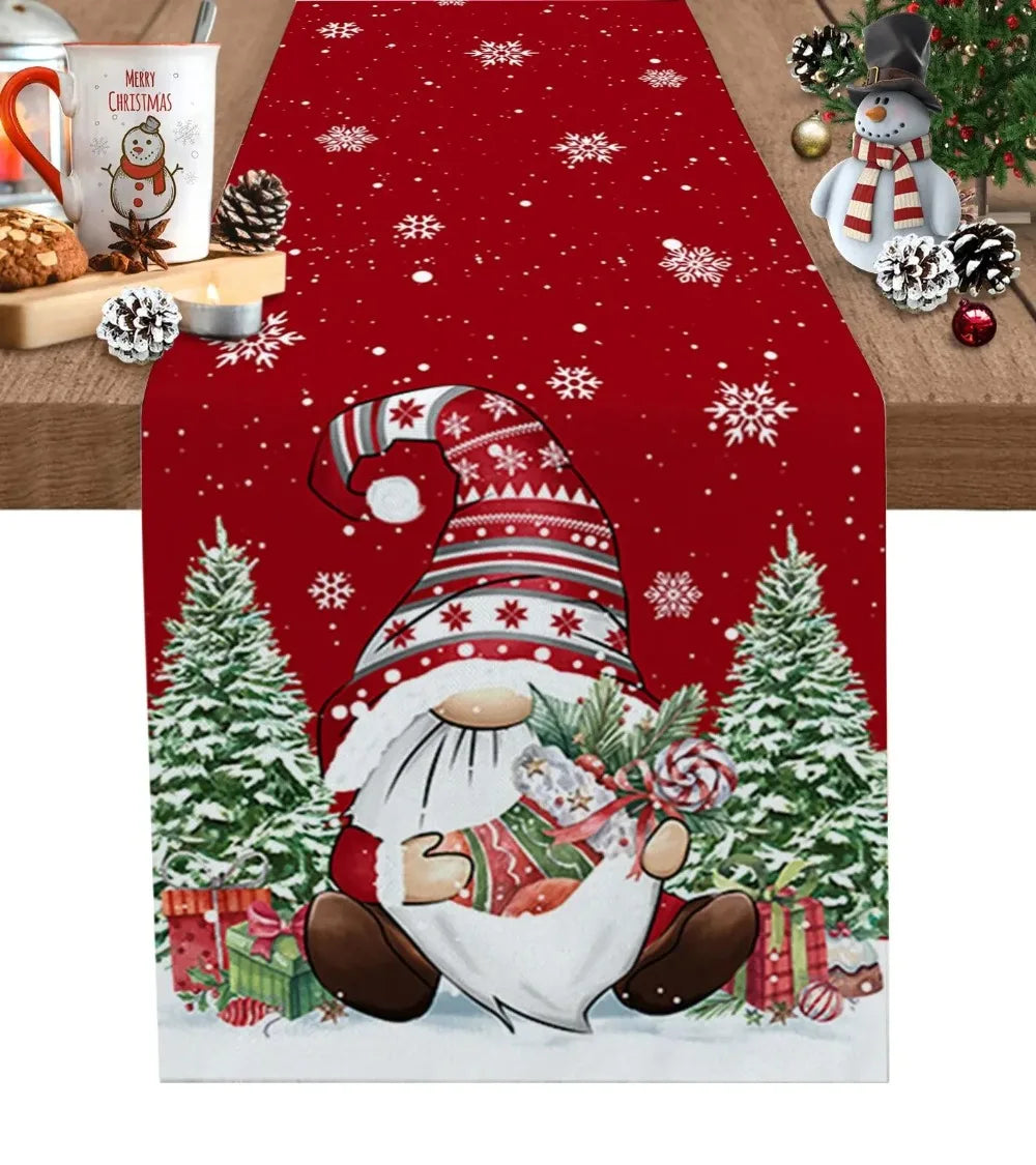 Christmas Snowman & Pine Tree Linen Table Runner – Festive Farmhouse Decor