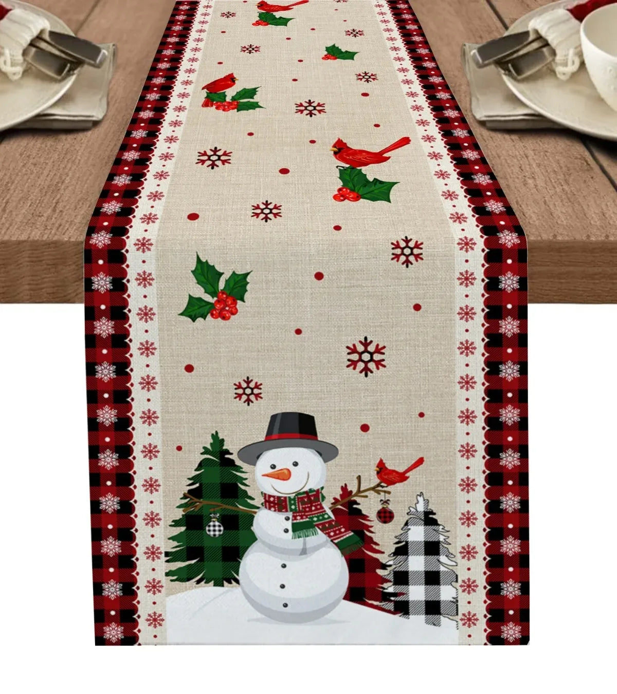 Merry Christmas Red Pine Tree Linen Table Runner – Winter Holiday Party Decor