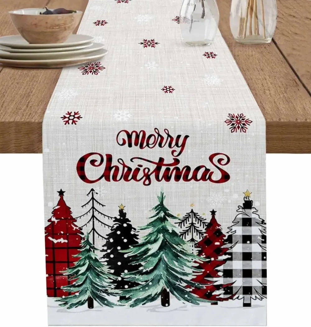 Christmas Snowman & Pine Tree Linen Table Runner – Festive Farmhouse Decor