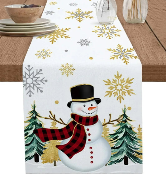 Christmas Snowman & Pine Tree Linen Table Runner – Festive Farmhouse Decor