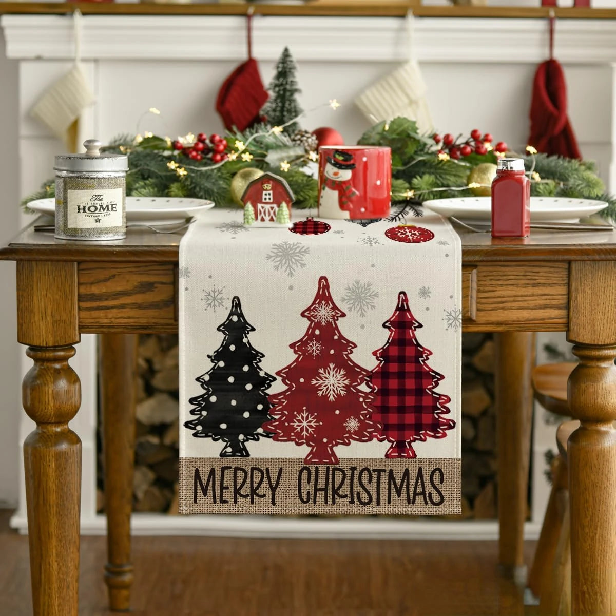 Merry Christmas Red Pine Tree Linen Table Runner – Winter Holiday Party Decor